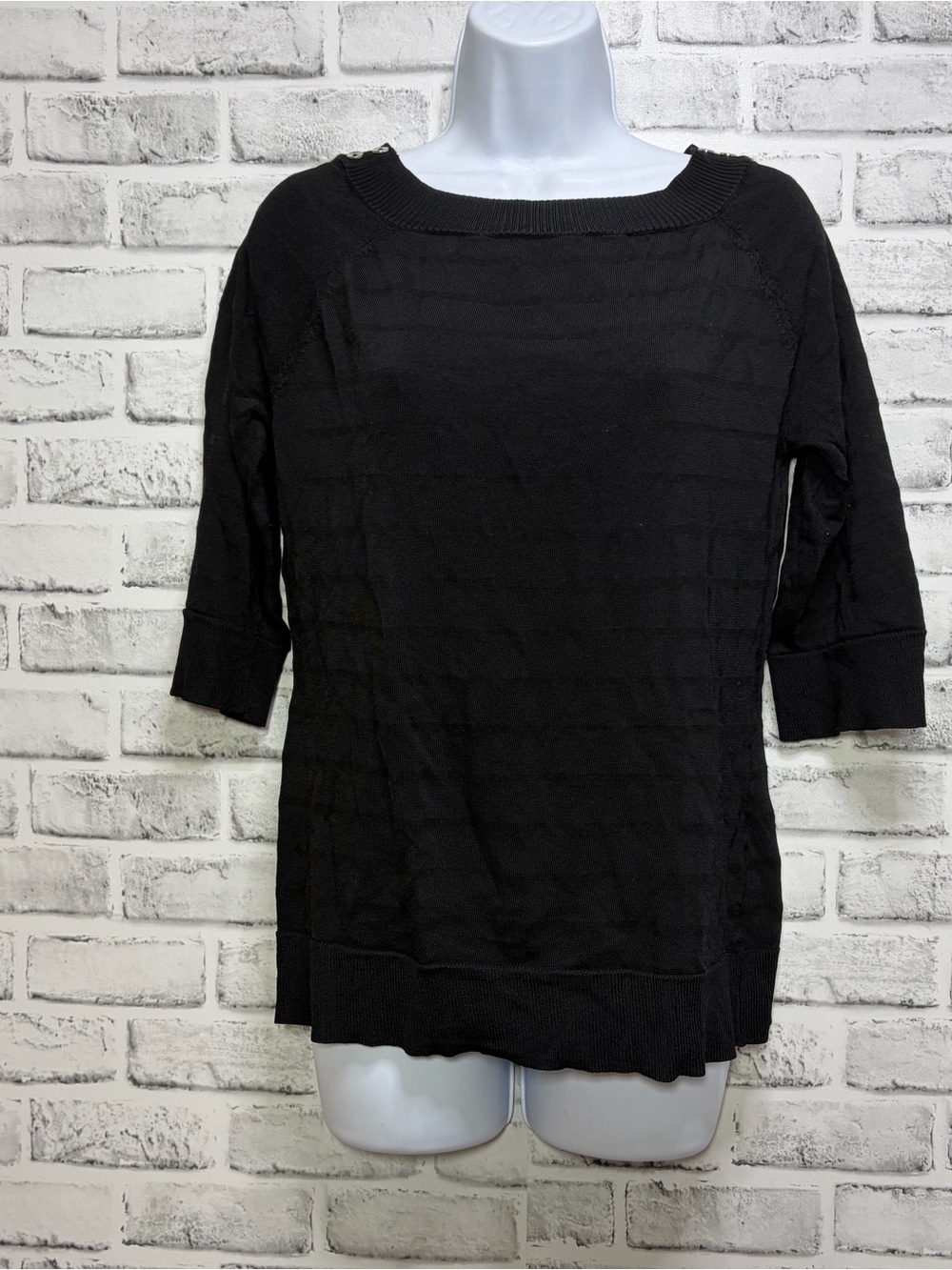 White House Black Market Silk/Wool Blend Black Boat Neck Button Shoulder Top L